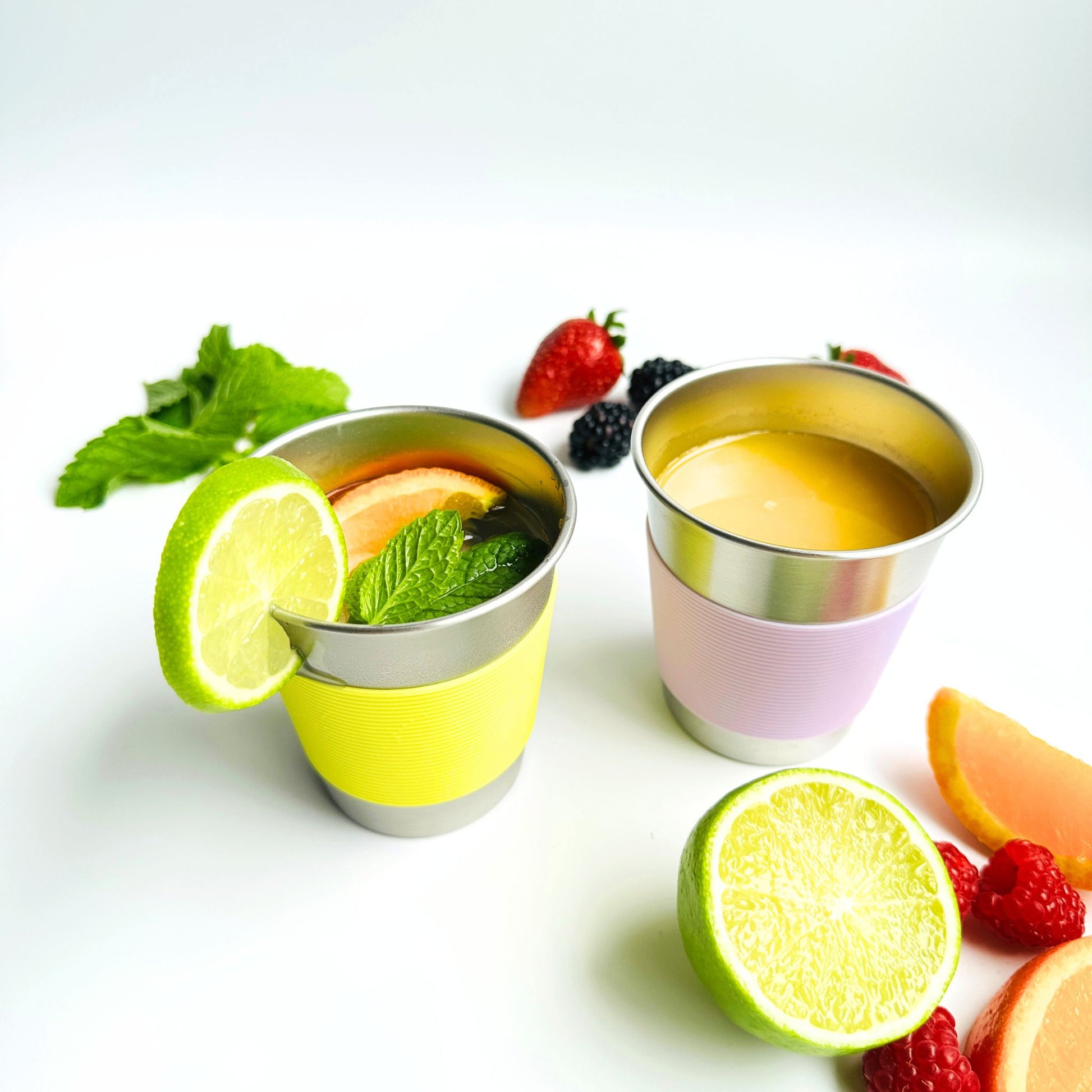 Kids stainless steel cup 300 ml with purple and yellow silicone sleeve – Greenvyne