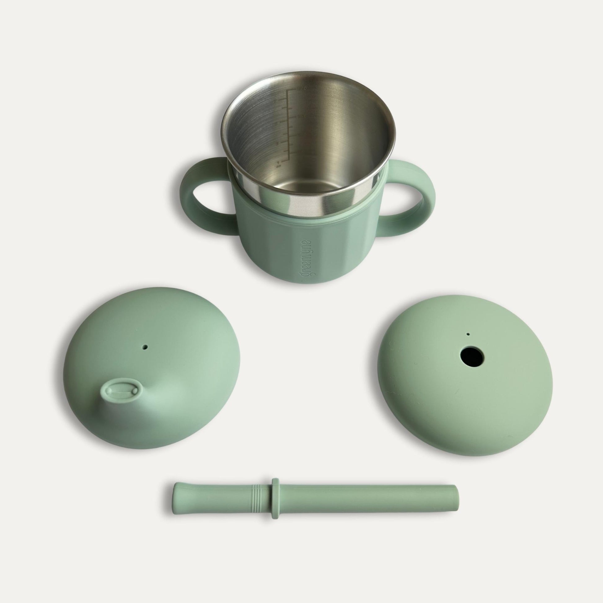Greenvyne Baby & Toddler stainless steel cup with silicone sleeve, sippy lid and straw lid with straw in Sage colour, BPA free.