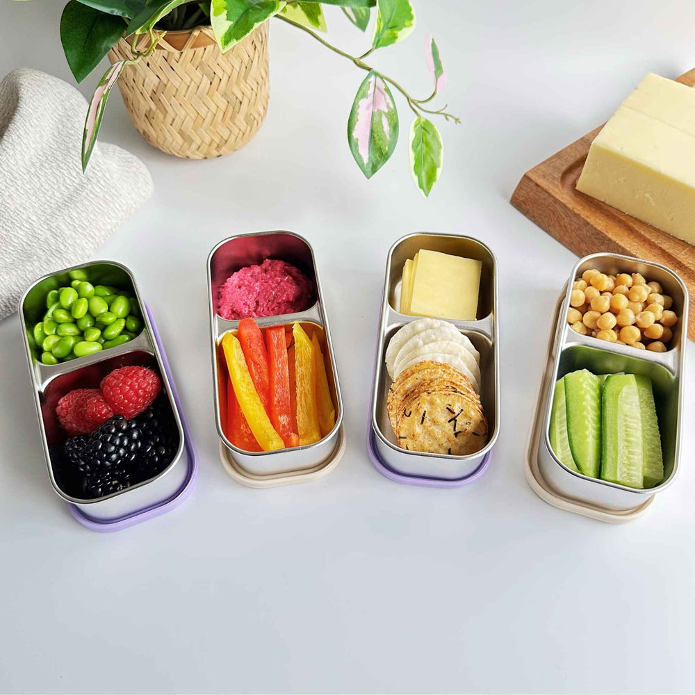 Greenvyne snack container stainless steel with various snacks on a table.