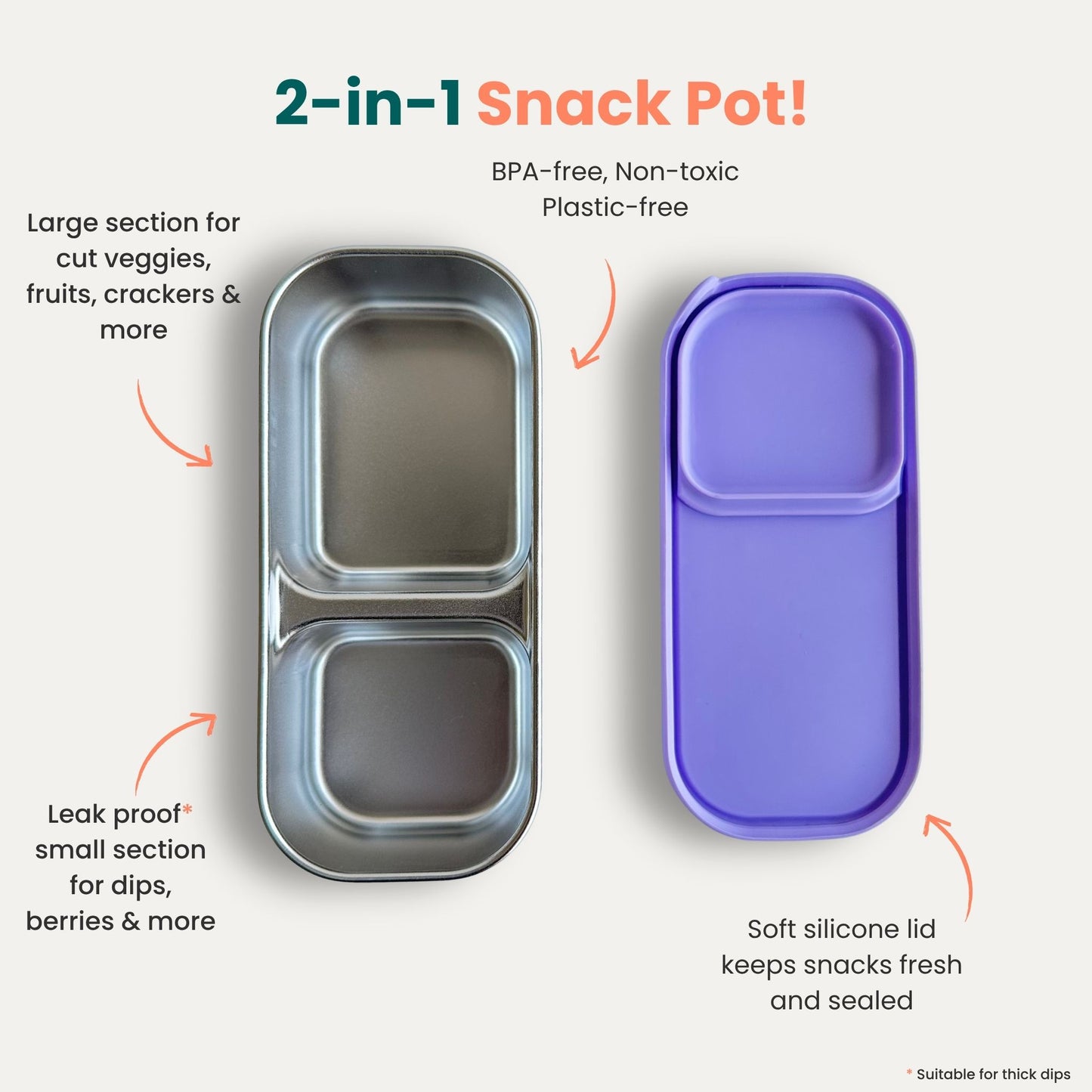 2-in-1 stainless steel snack box with divided compartments