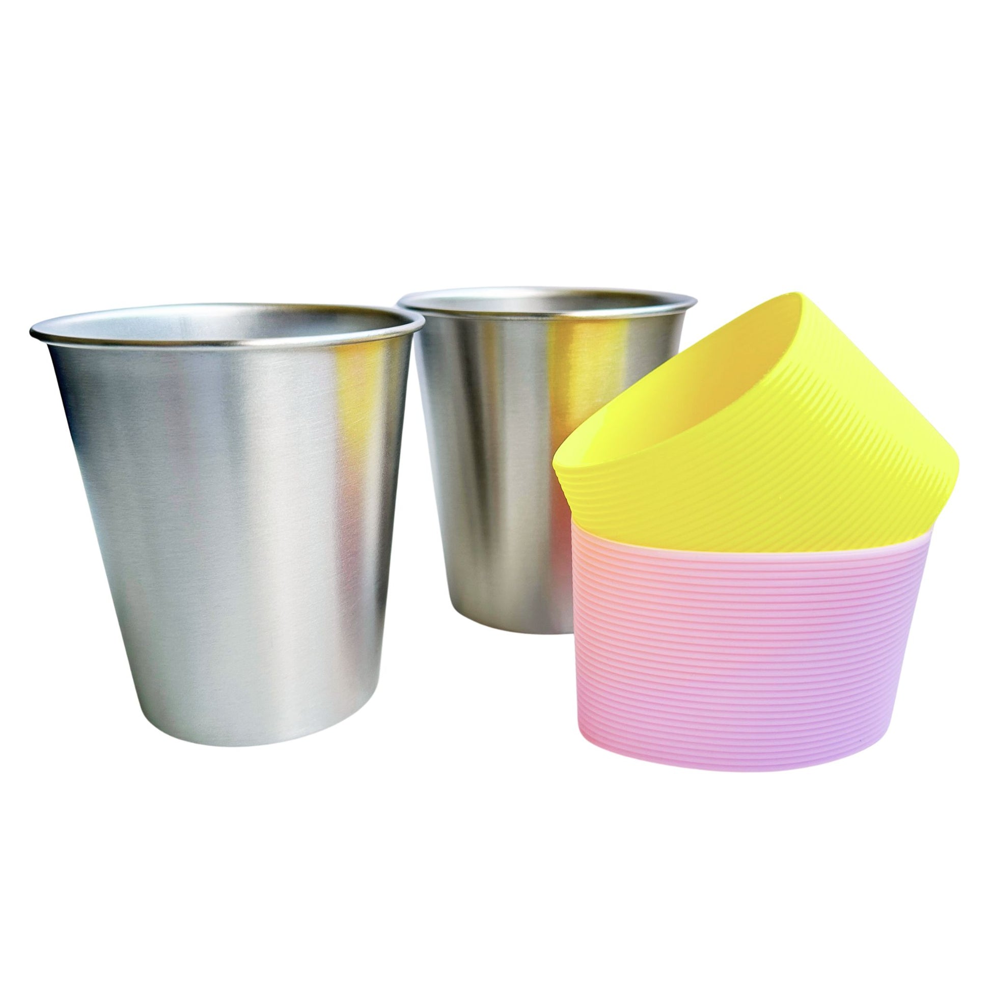 Side view of two 300ml kids stainless steel cups with purple and yellow silicone sleeves removed and placed next to the cups, showcasing the removable, non-toxic toddler friendly protective grips.