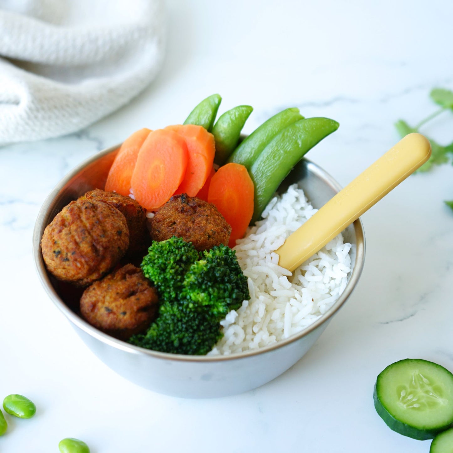 Greenvyne baby, toddler and kids' bowl stainless steel served with rice.