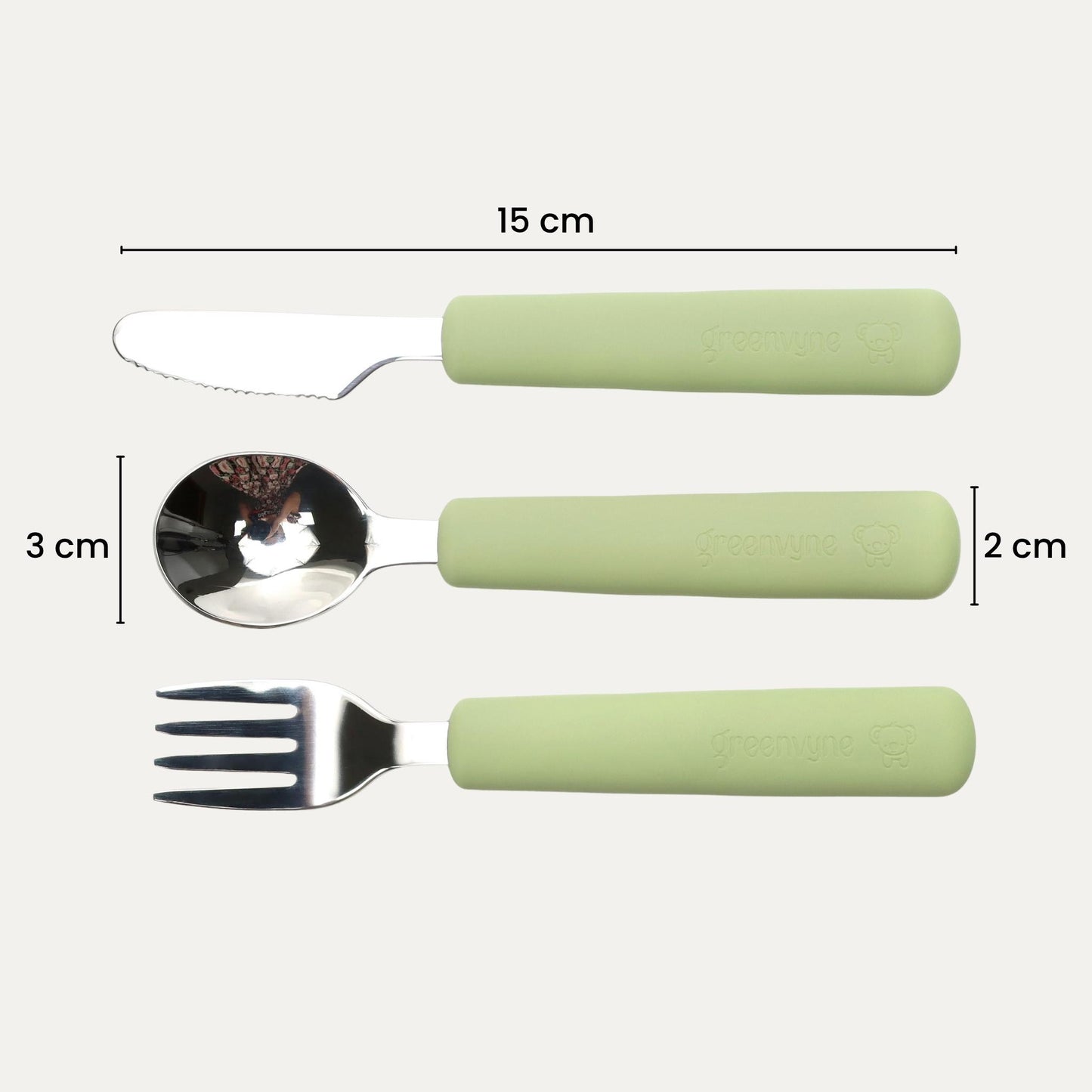 Dimensions of a 3-piece toddler cutlery set with 316 stainless steel and green silicone handles