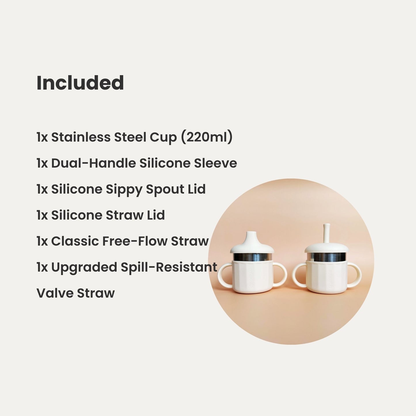 Greenvyne 3-in-1 Stainless Steel Sippy Cup product features and included items.