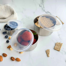 Stainless steel nesting food containers with glass like leak proof silicone lid filed with fruits and snacks for kids and adults - Greenvyne