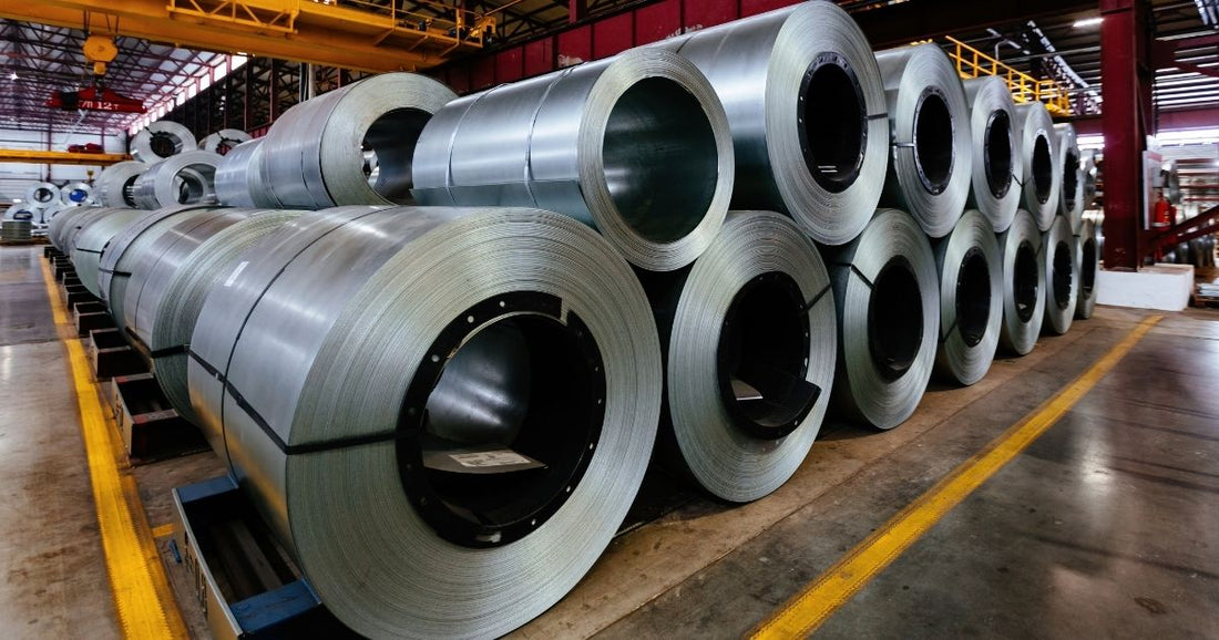 Rolls of cold-rolled stainless steel in a manufacturing facility