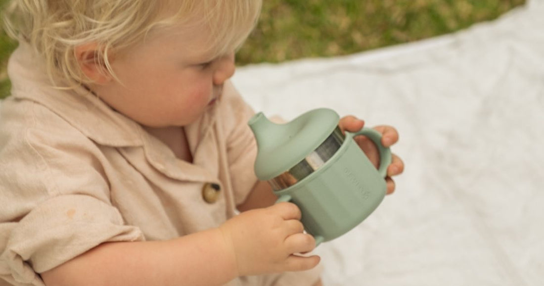 Greenvyne 3-in-1 stainless steel sippy cup with silicone straw for baby speech development.