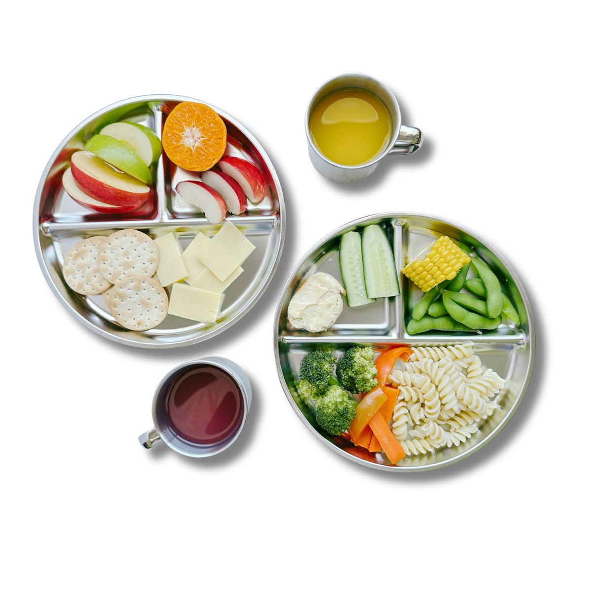 Kids' round stainless steel divided plates with sections, durable, eco-friendly, and safe for mealtime.
