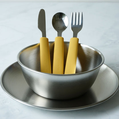 Greenvyne toddler and kids' stainless steel meal time set with plate, bowl and spoon with yellow silicone handle.