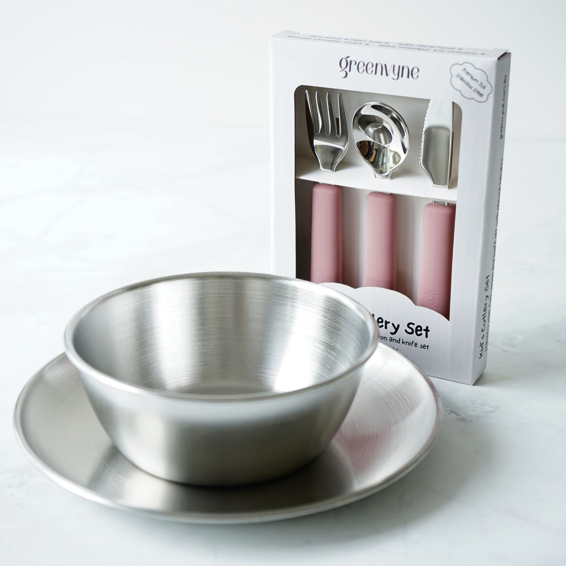 Greenvyne toddler and kids' stainless steel meal time set with plate, bowl and spoon with rose silicone handle in a box.