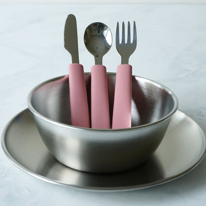 Greenvyne toddler and kids' stainless steel meal time set with plate, bowl and spoon with rose silicone handle.