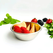 10.5cm small kids stainless steel bowl filled with fruits on a table, displayed at a 45-degree angle for a stylish and eco-friendly baby & toddler mealtime setup.