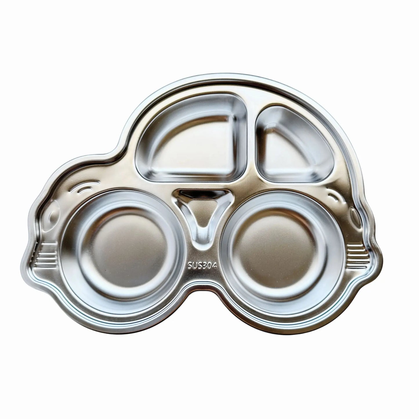 Top view of a kid's stainless steel car-shaped plate with suction, showcasing a fun, kid-friendly, and eco-friendly dining option for babies and toddlers.