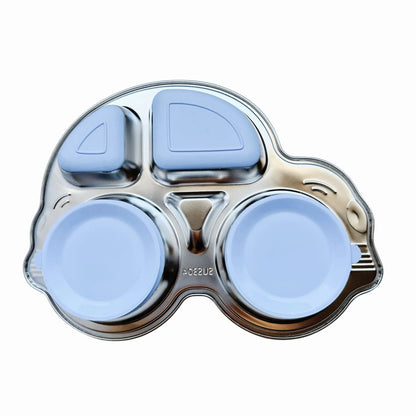 Back view of a kid's stainless steel car plate with a light blue silicone suction base, ensuring a secure, non-slip experience for messy baby and toddler mealtime.