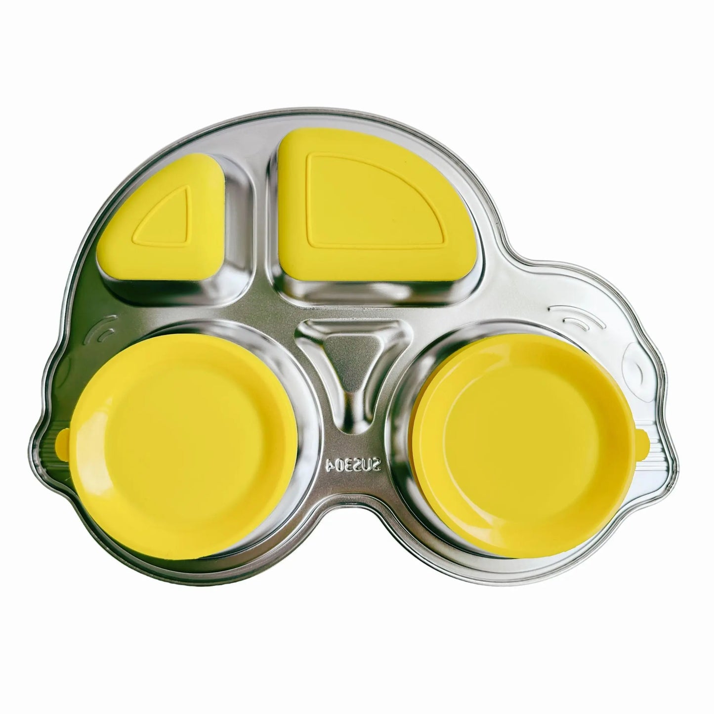 Back view of a kid's stainless steel car plate with a yellow silicone suction base, ensuring a secure, non-slip experience for messy baby and toddler mealtime.