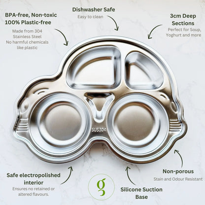 The top view of a kid's stainless steel car shaped plate with features highlighted showcases its divided sections, smooth rolled edges, non-toxic material, and silicone suction base for a secure, safe dining experience for babies and toddlers.
