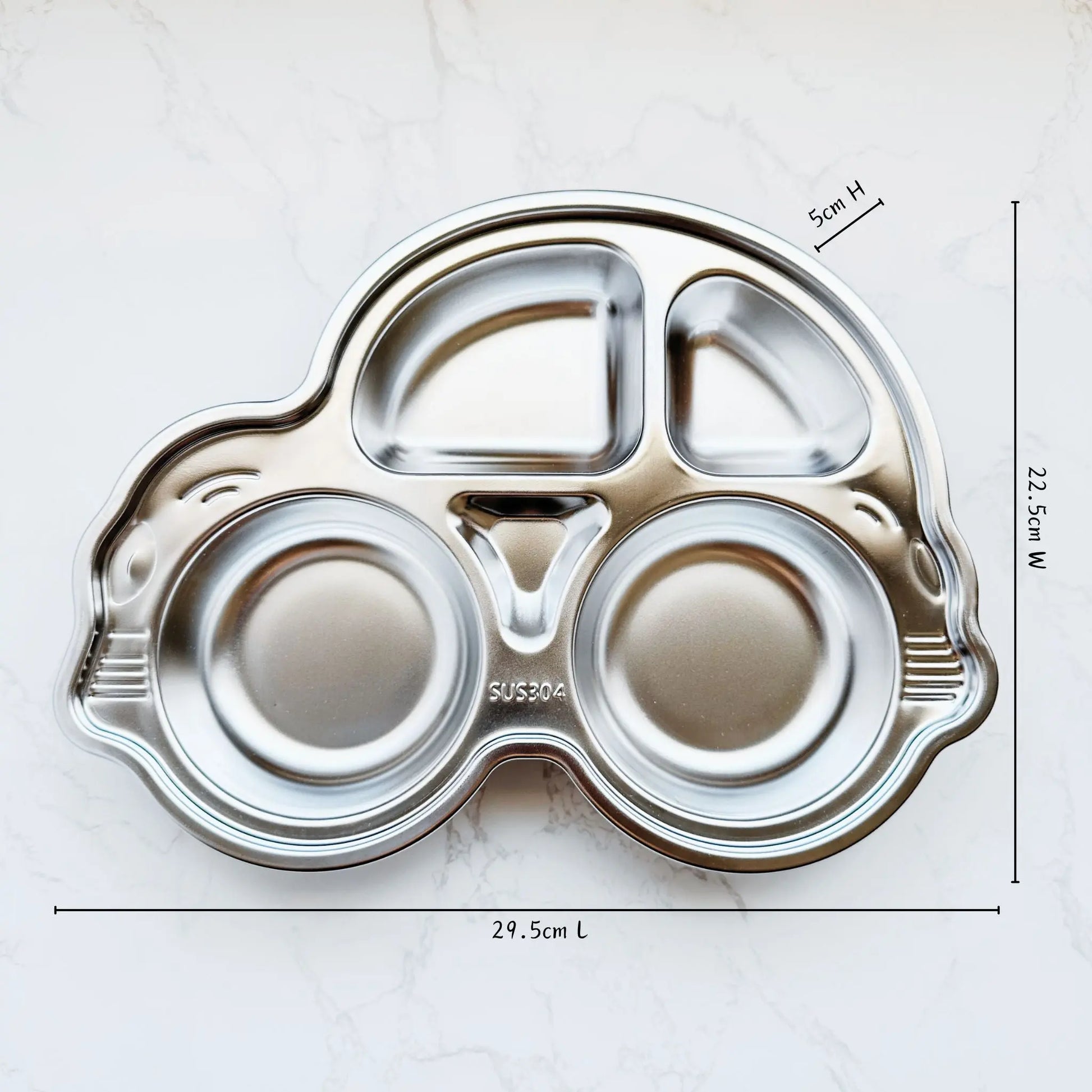 Top view of a kid's stainless steel car-shaped plate with clearly marked dimensions, showcasing a fun, toddler-friendly design with divided sections for portioned meals.