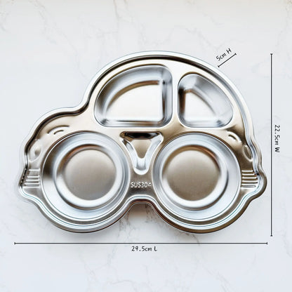 Top view of a kid's stainless steel car-shaped plate with clearly marked dimensions, showcasing a fun, toddler-friendly design with divided sections for portioned meals.