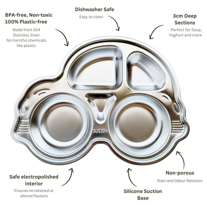 Kids stainless steel car suction plate with non toxic baby and toddler safe material and features—Greenvyne.