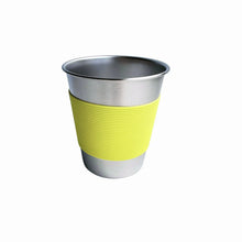 Side view of a 300ml kids stainless steel cup with a pastel yellow silicone sleeve, showcasing a safe, non-toxic, and eco-friendly design.