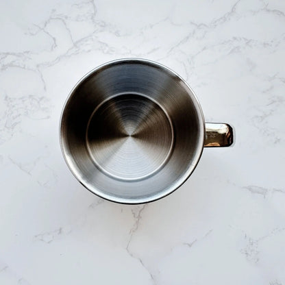 Top view of a 250ml stainless steel mug, showcasing its smooth, non-toxic interior and durable design for eco-friendly drinking.