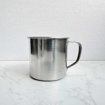 Side view of a 250ml stainless steel mug, showcasing its smooth, non-toxic interior and durable design for eco-friendly drinking.