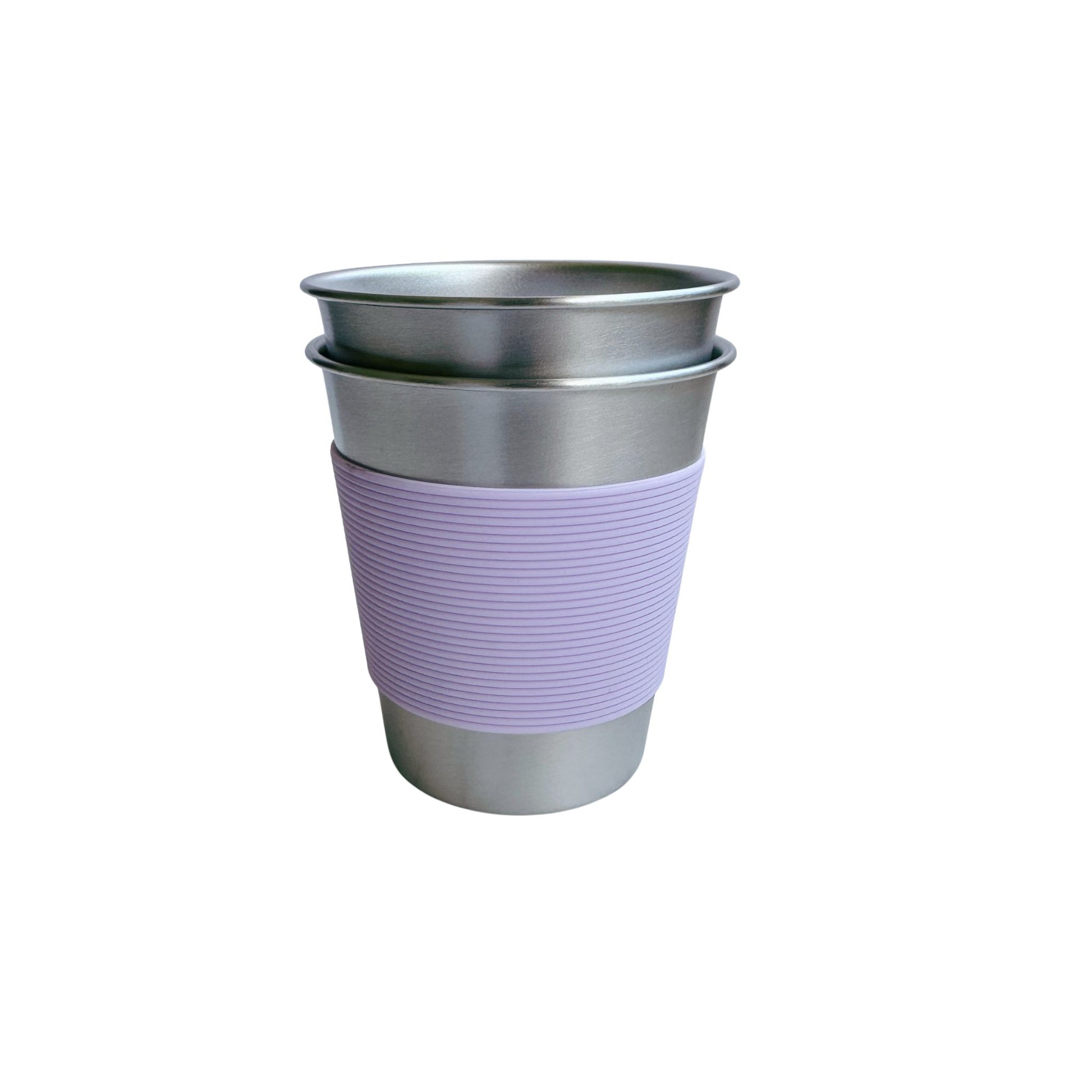 Toddler stainless steel cup with safe & easy grip purple silicone sleeve close-up view