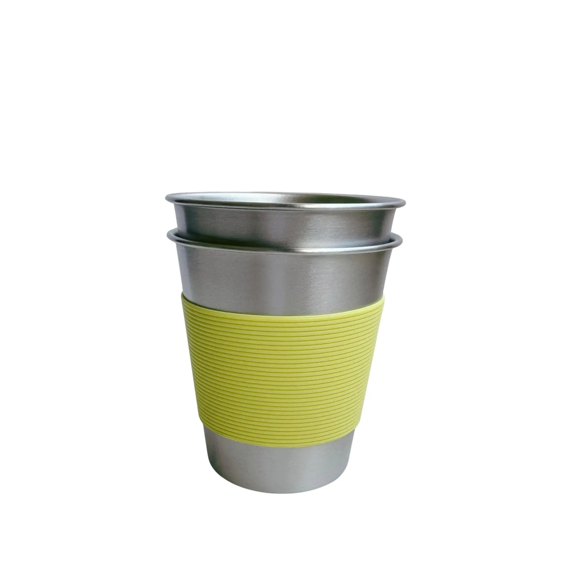 Toddler stainless steel cup with safe & easy grip purple silicone sleeve close-up view