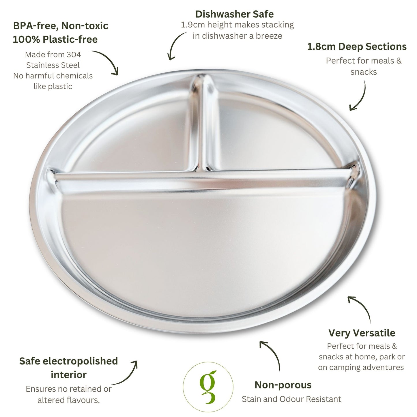 Kids stainless steel divided plate – BPA-free, durable, eco-friendly mealtime option for babies and toddlers.