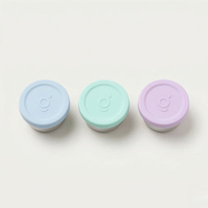 Stainless steel 304 grade dip pot set 75ml 3pcs with LFGB-certified Silicone Lid in light blue, mint and purple. BPA-free, Greenvyne.