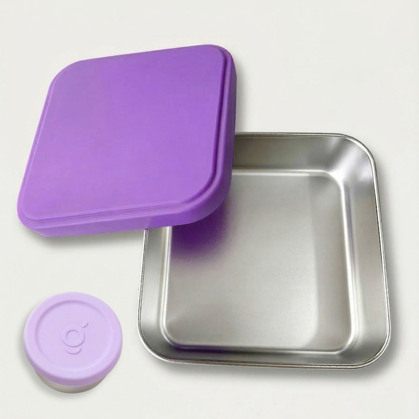 Stainless steel 304 grade sandwich box 650ml and dip pot 75ml with LFGB-certified Silicone Lid in purple. BPA-free, Greenvyne.