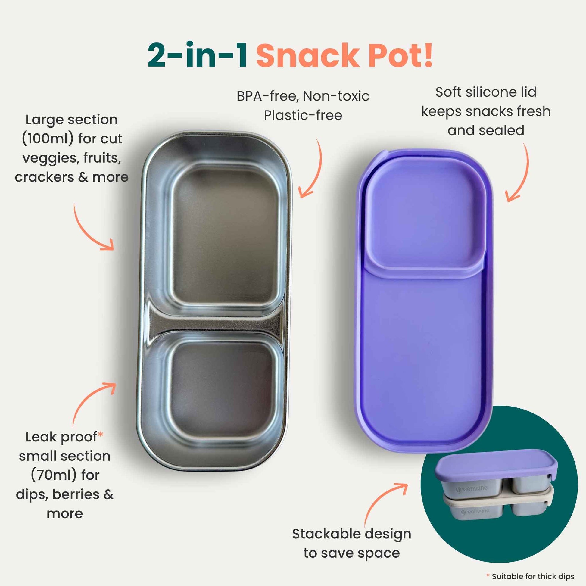 Greenvyne 2-in-1 snack pot stainless steel with compartments and purple silicone lid highlights product features.