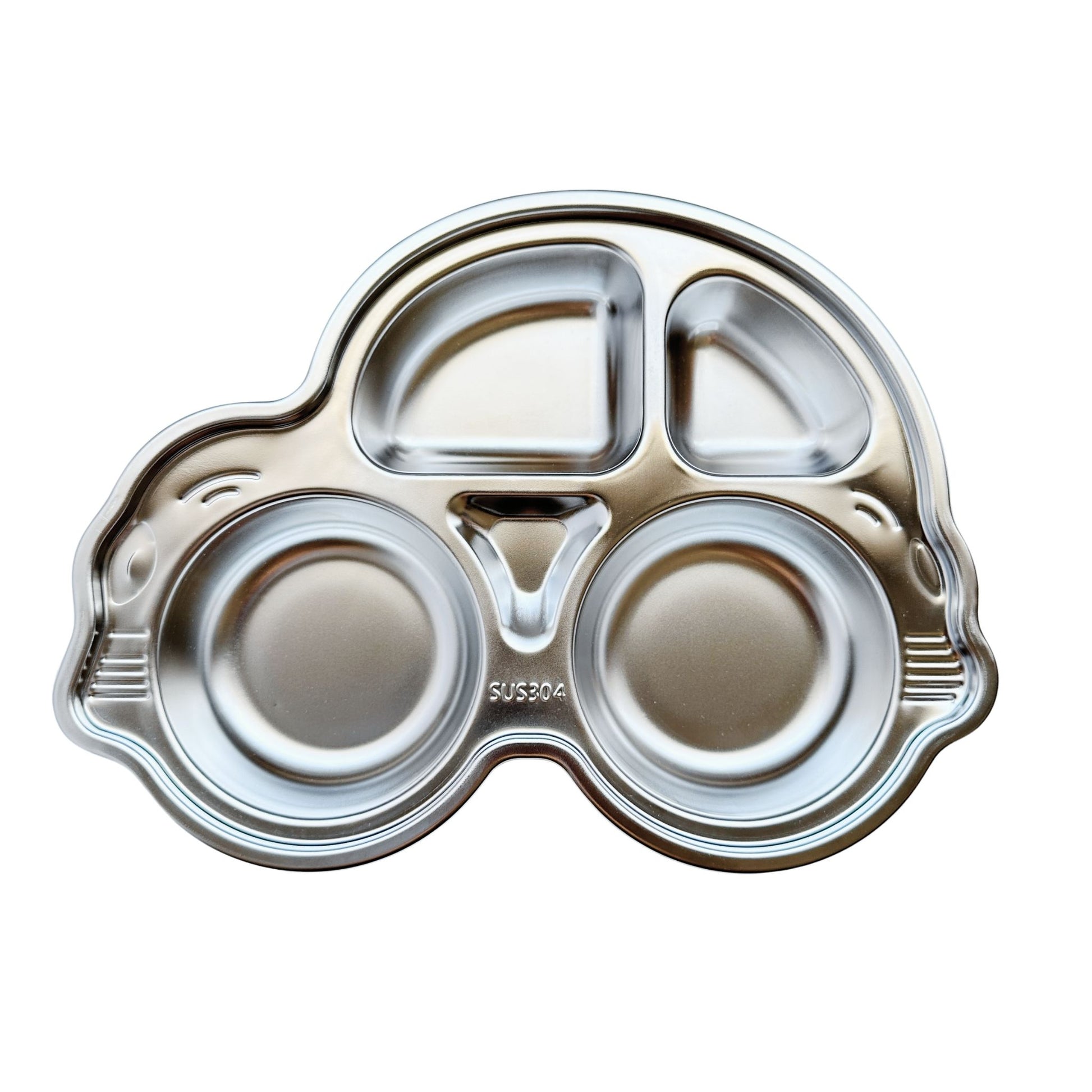 Kids stainless steel car suction plate with four compartments and blue silicone base for toddlers—Greenvyne.