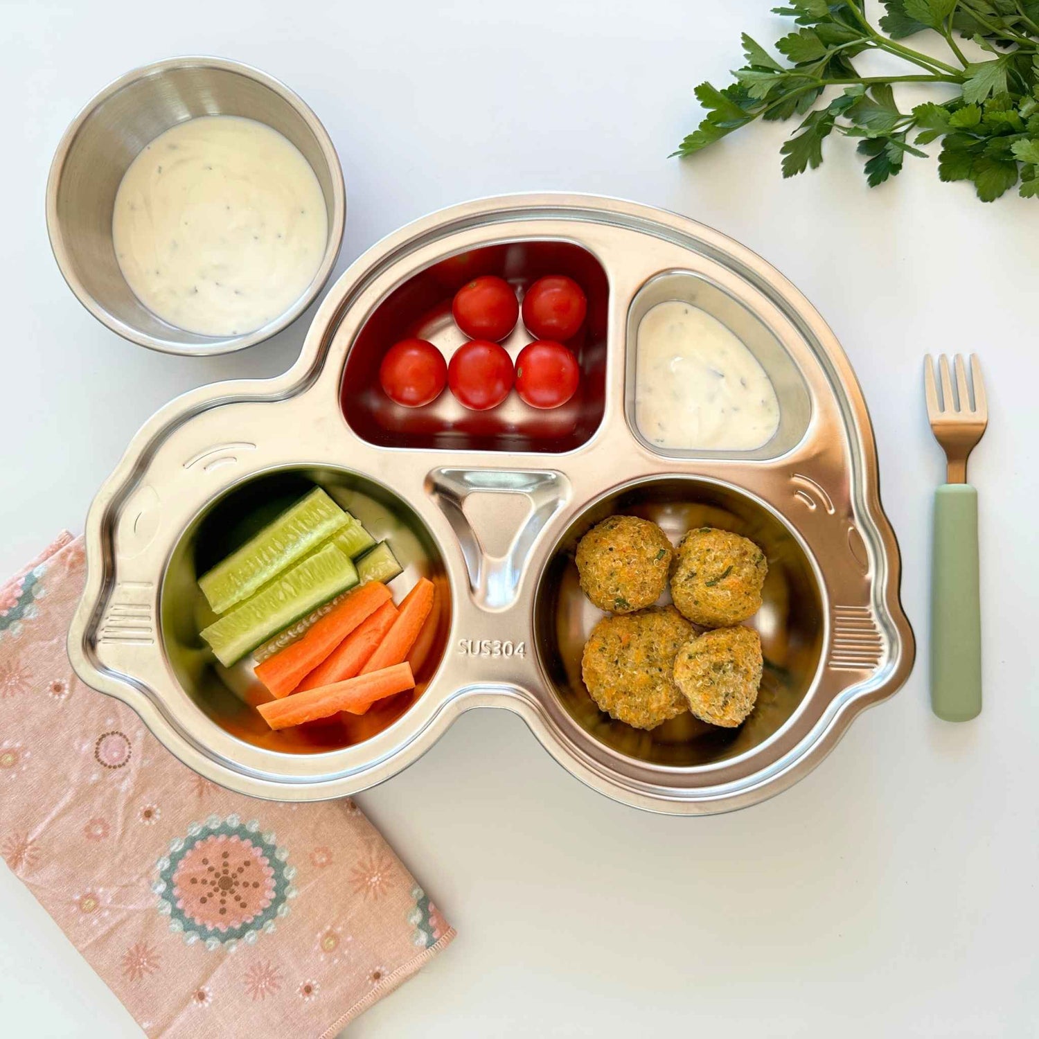 Baby and toddler stainless steel car shaped suction plate for balanced portions—Greenvyne.