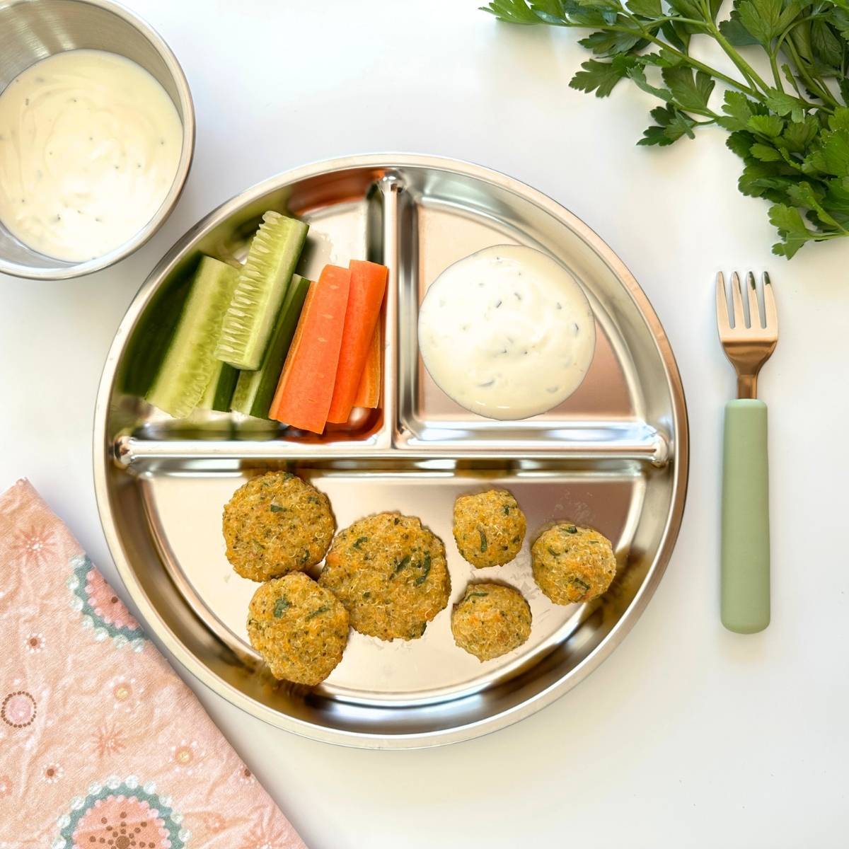 Baby & toddler stainless steel divided plate with food for daily use and easy dishwasher safe cleaning - Greenvyne