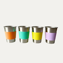 kids and adults stainless steel cup 350ml with yellow, purple, mint & orange silicone band for easy grip-greenvyne