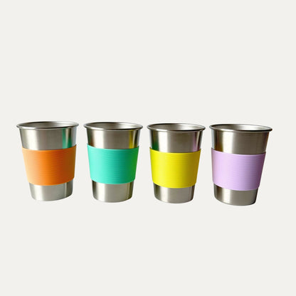 kids and adults stainless steel cup 350ml with yellow, purple, mint & orange silicone band for easy grip-greenvyne