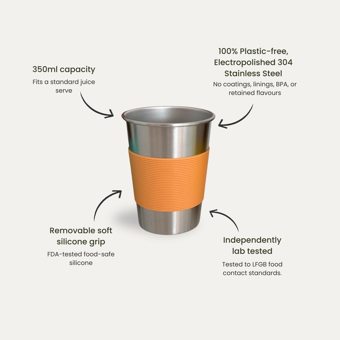 350ml 304 stainless steel kids cup with non-slip silicone grip in Apricot. BPA Free, Electropolished, FDA and LFGB Tested.