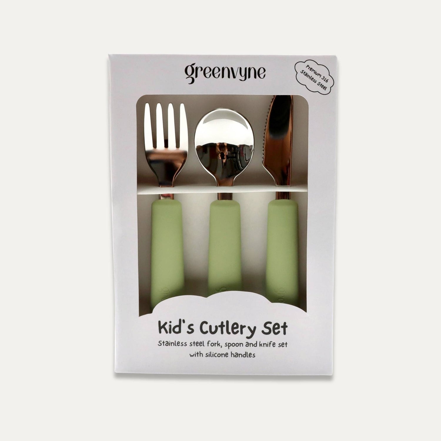 Greenvyne Packaged kids' cutlery set stainless steel with green silicone handles, three pieces.