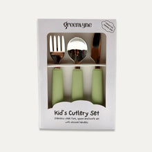 Greenvyne Packaged kids' cutlery set stainless steel with green silicone handles, three pieces.