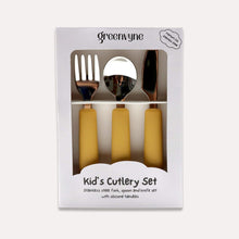 Greenvyne Packaged kids' cutlery set stainless steel with yellow silicone handles, three pieces.