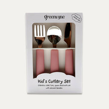 Greenvyne Packaged kids' cutlery set stainless steel with pink silicone handles, three pieces.