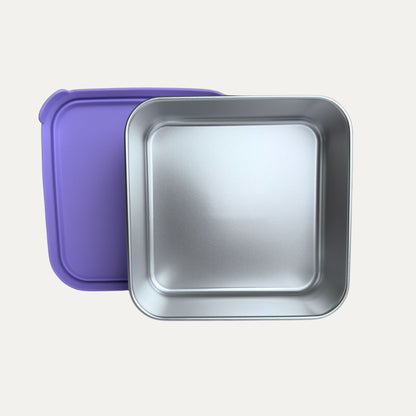 Stainless steel 304 grade lunch box 650ml and dip pot 75ml with LFGB-certified Silicone Lid in purple. BPA-free, Greenvyne.
