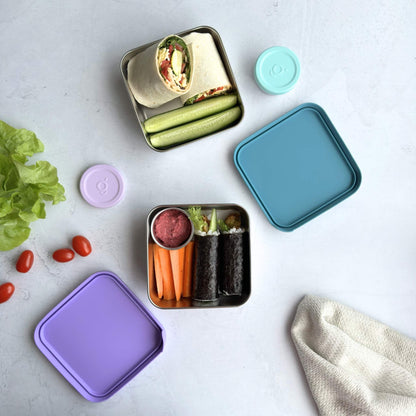 Stainless steel 304 grade square lunch box 650ml and dip pot 75ml with LFGB-certified Silicone Lid in purple and teal. BPA-free, Greenvyne.