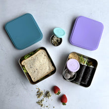 Stainless steel 304 grade lunch box 650ml and dip pot 75ml with full size sandwich. LFGB-certified Silicone Lid. BPA-free, plastic free, Greenvyne.