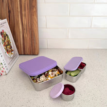 Stainless steel 304 grade square lunch box 650ml, dip pot 75ml and snack box 200ml with packed lunch and snacks. LFGB-certified Silicone Lid. BPA-free, plastic free, Greenvyne.
