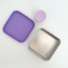 Stainless steel 304 grade lunch box 650ml with dip pot 75ml. LFGB-certified Silicone Lid in purple lavender. BPA-free, Greenvyne.