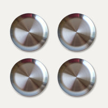 Stackable 4-pack of stainless steel plates for family meal prepping and storage.