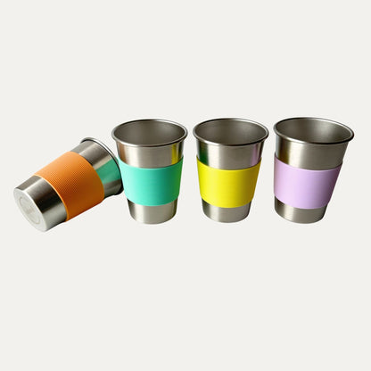 350ml stainless steel cup for adults, toddlers, and kids, featuring a colourful silicone band. Electropolished and dishwasher safe.